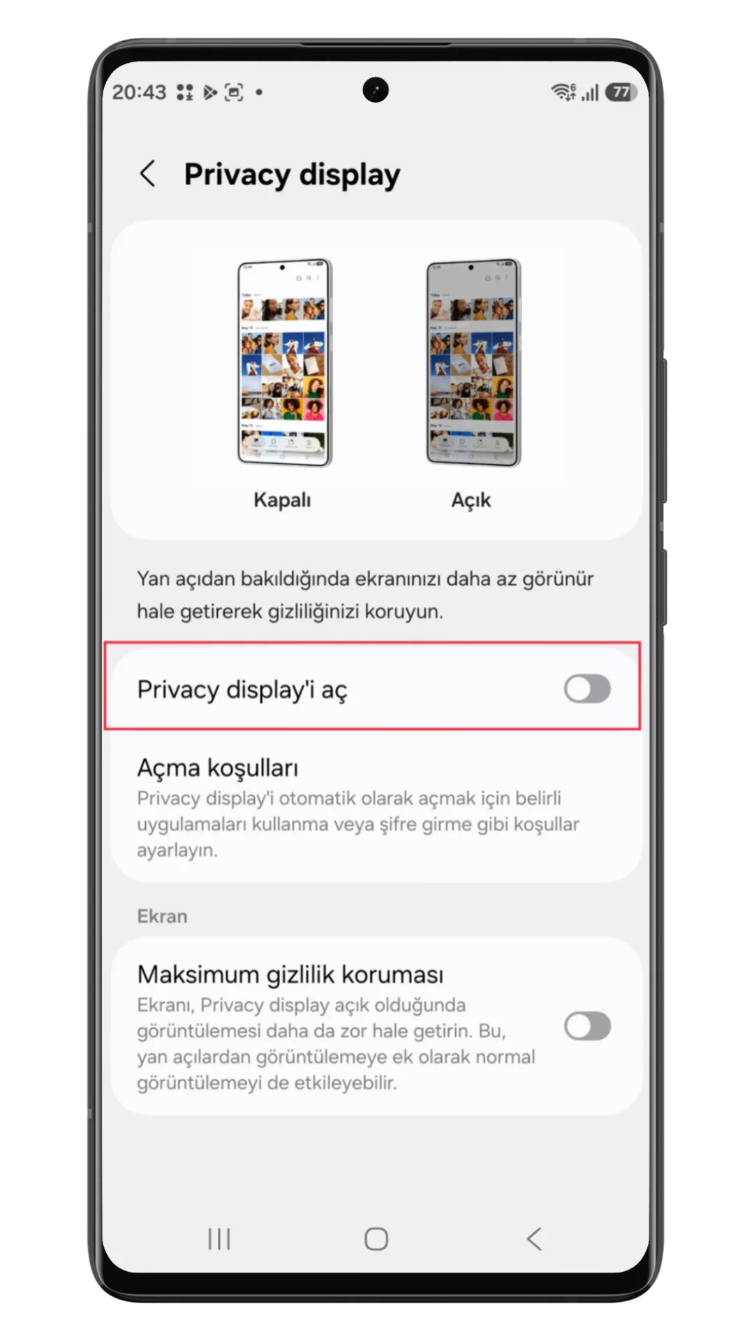 samsung ekran gizleme