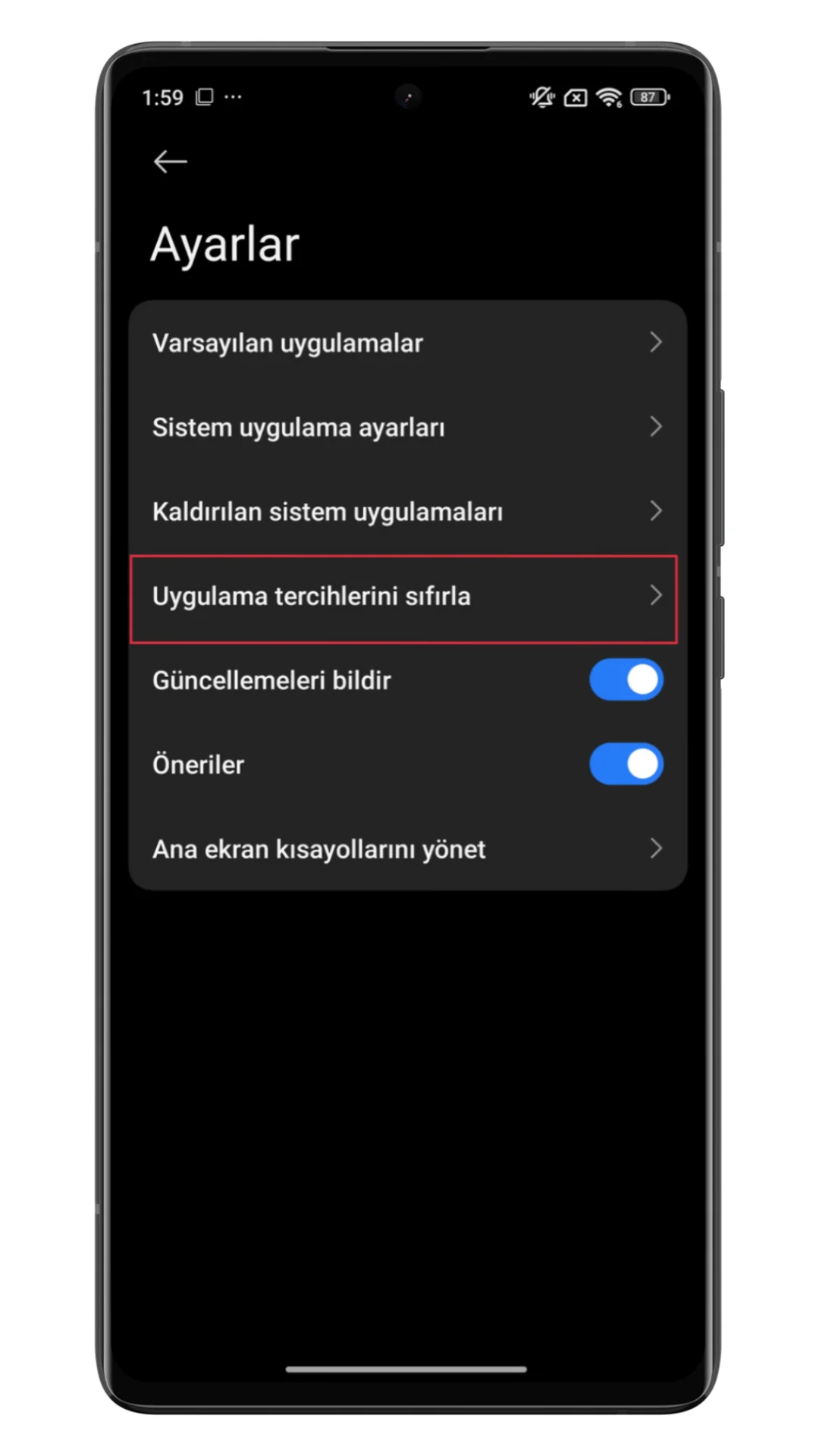 xiaomi uygulama tercihlerini sıfırla