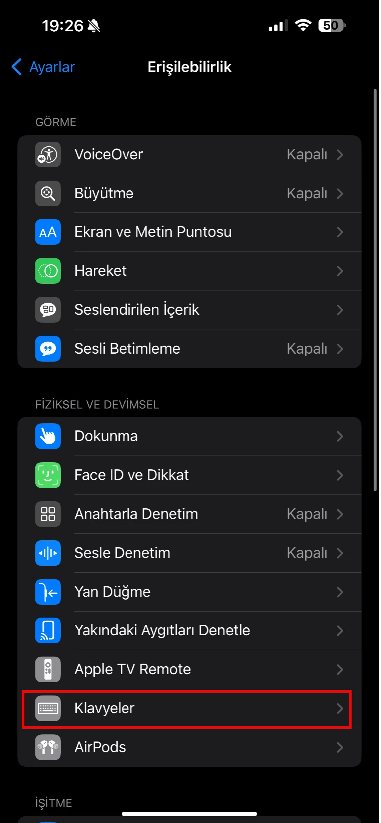 iphone klavye tam erişim izni