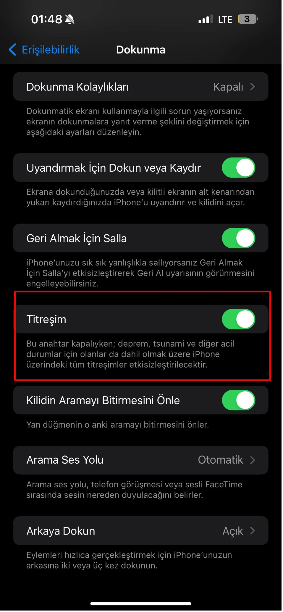 iphone titreşim kapatma