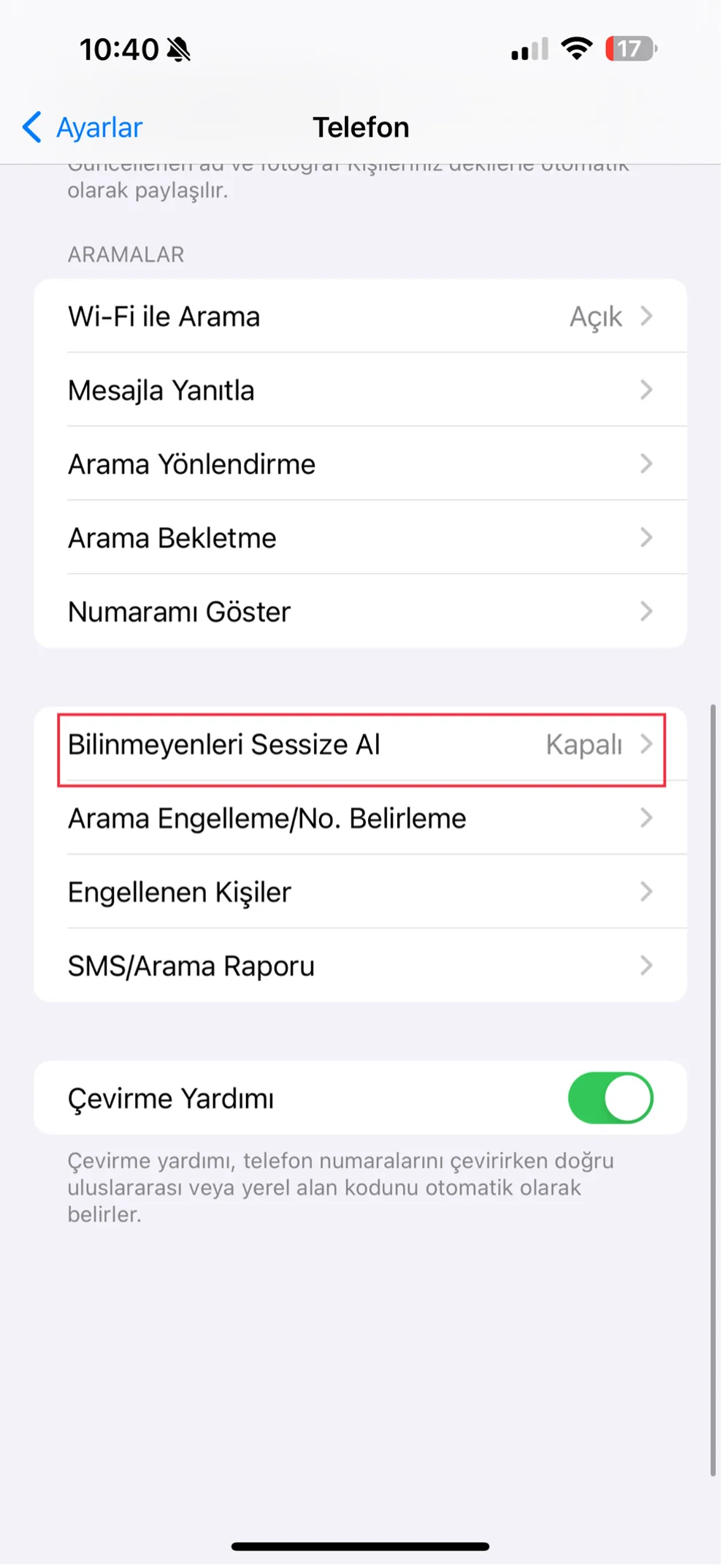 bilinmeyen aramaları sessize alma