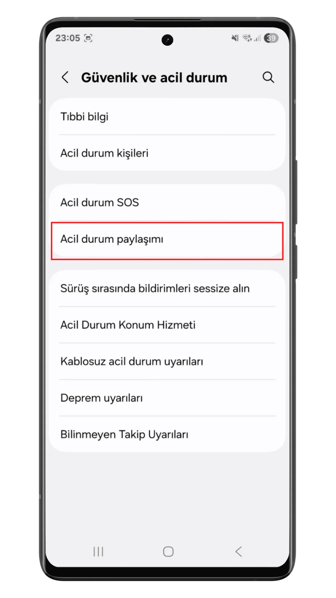samsung acil durum paylaşımı