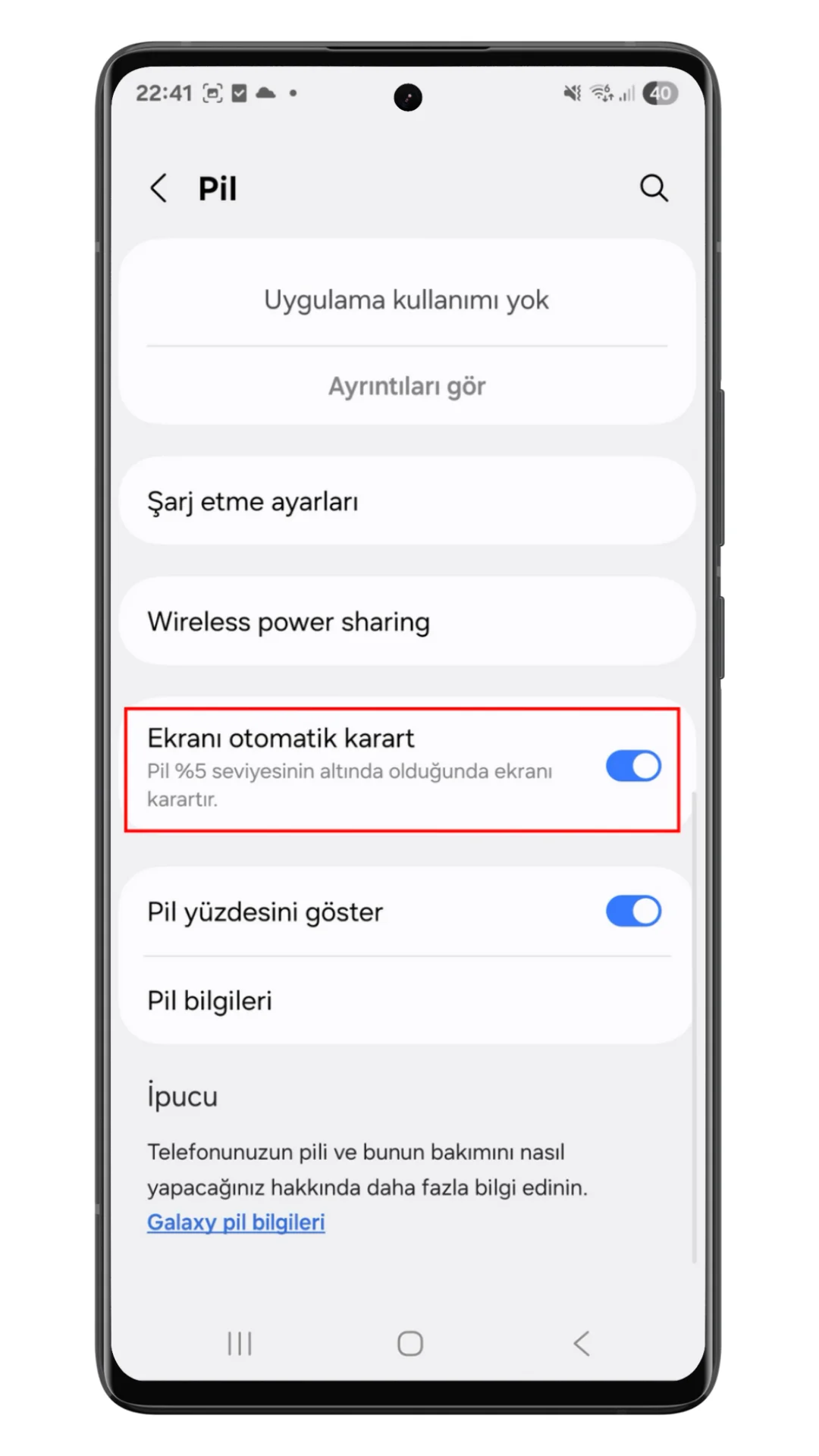 samsung otomatik ekran karartma