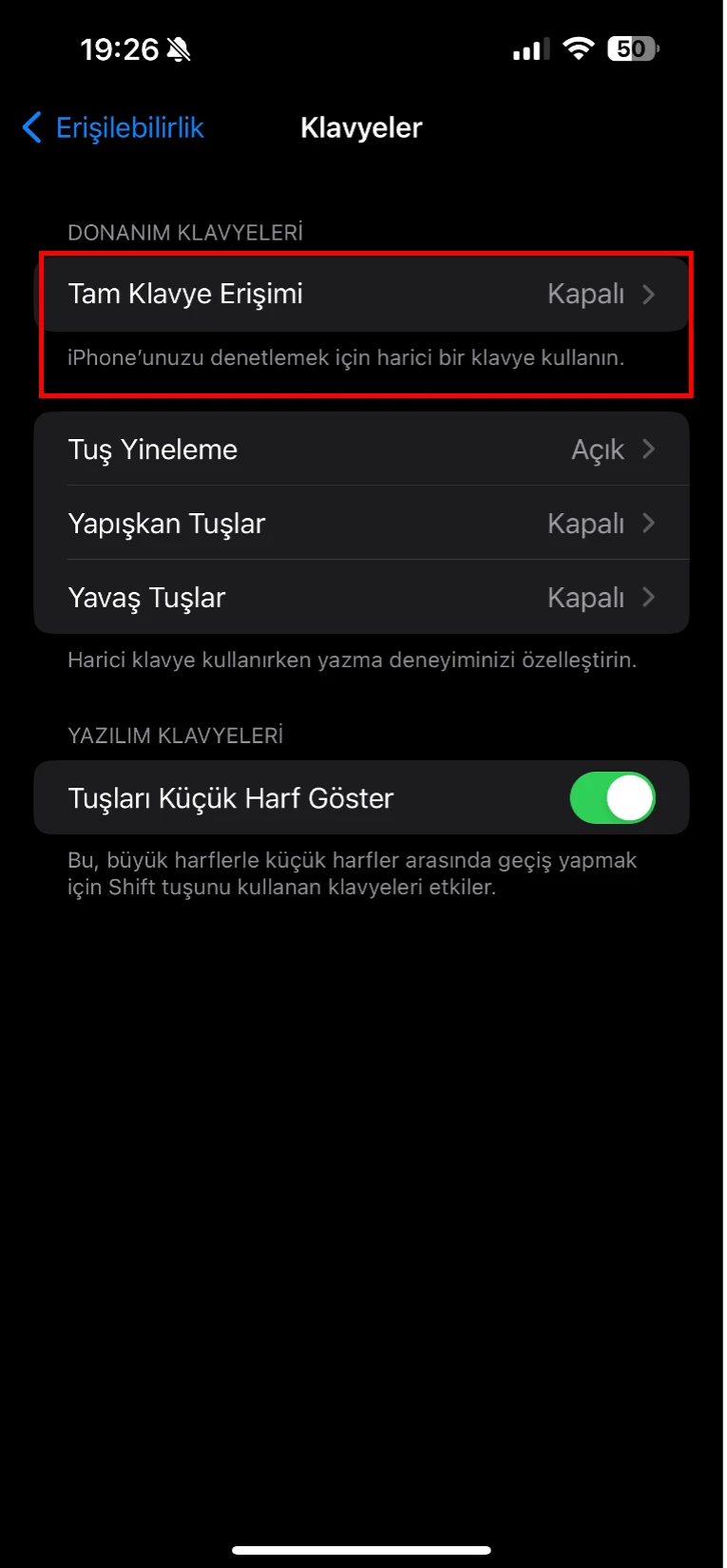 iphone klavye tam erişim izni