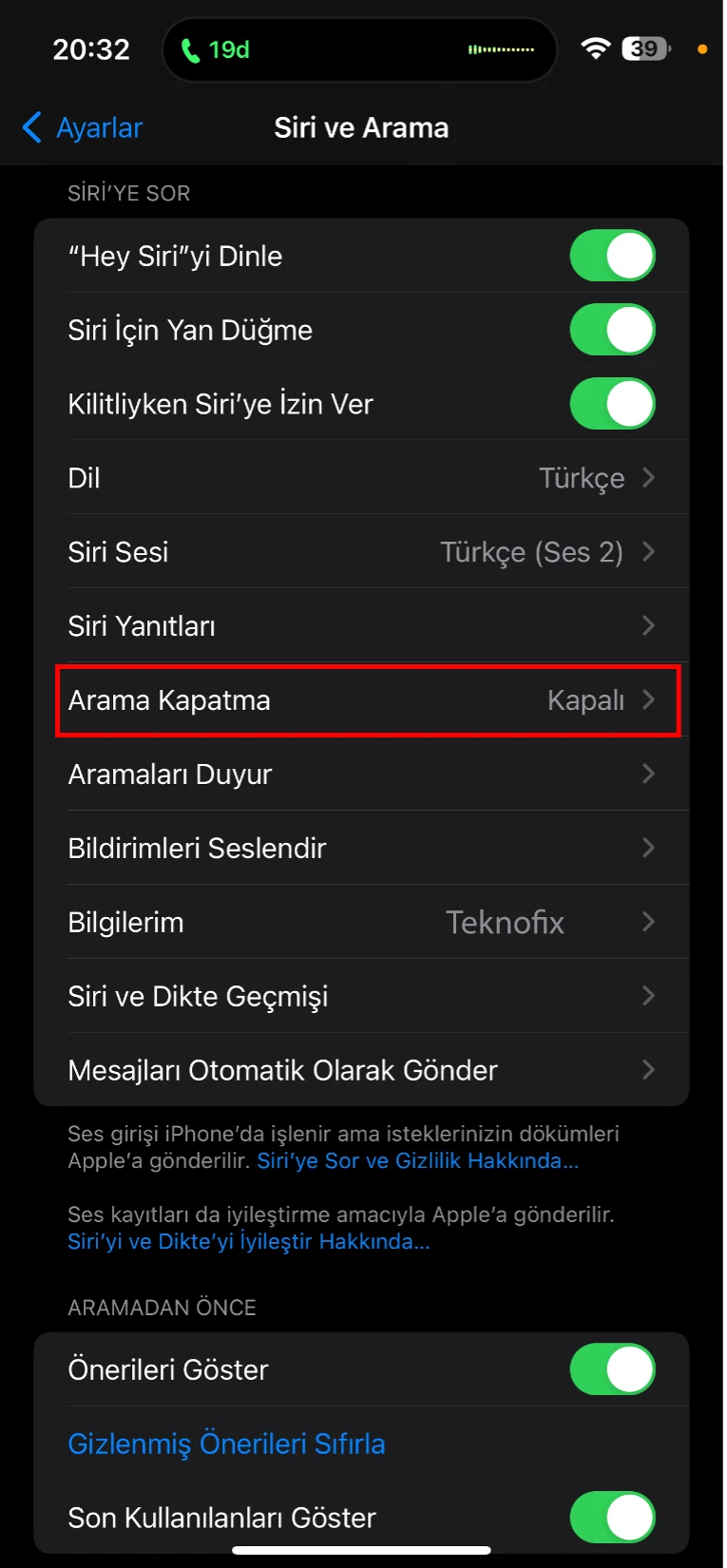 siri arama kapatma