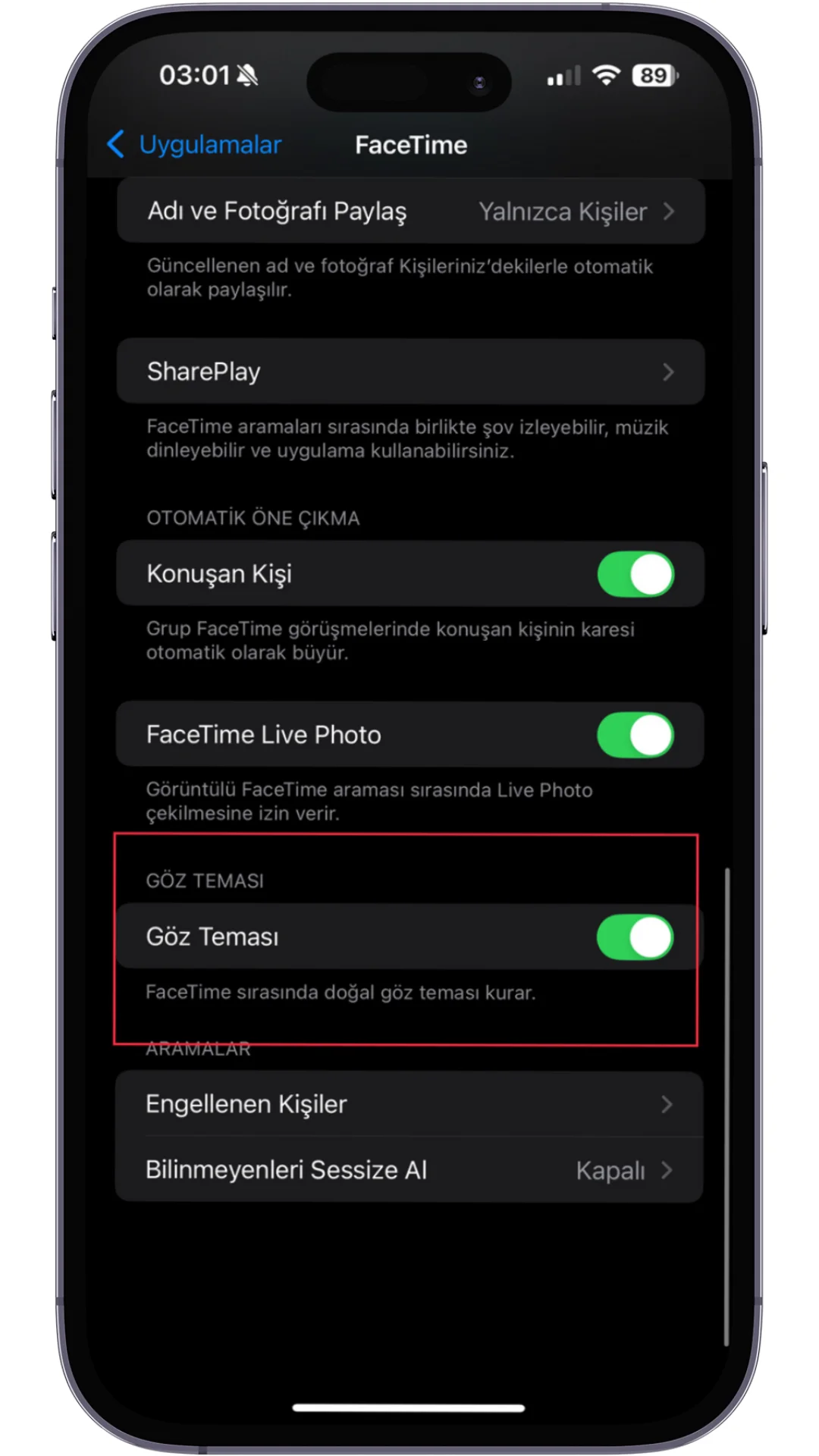 facetime göz teması