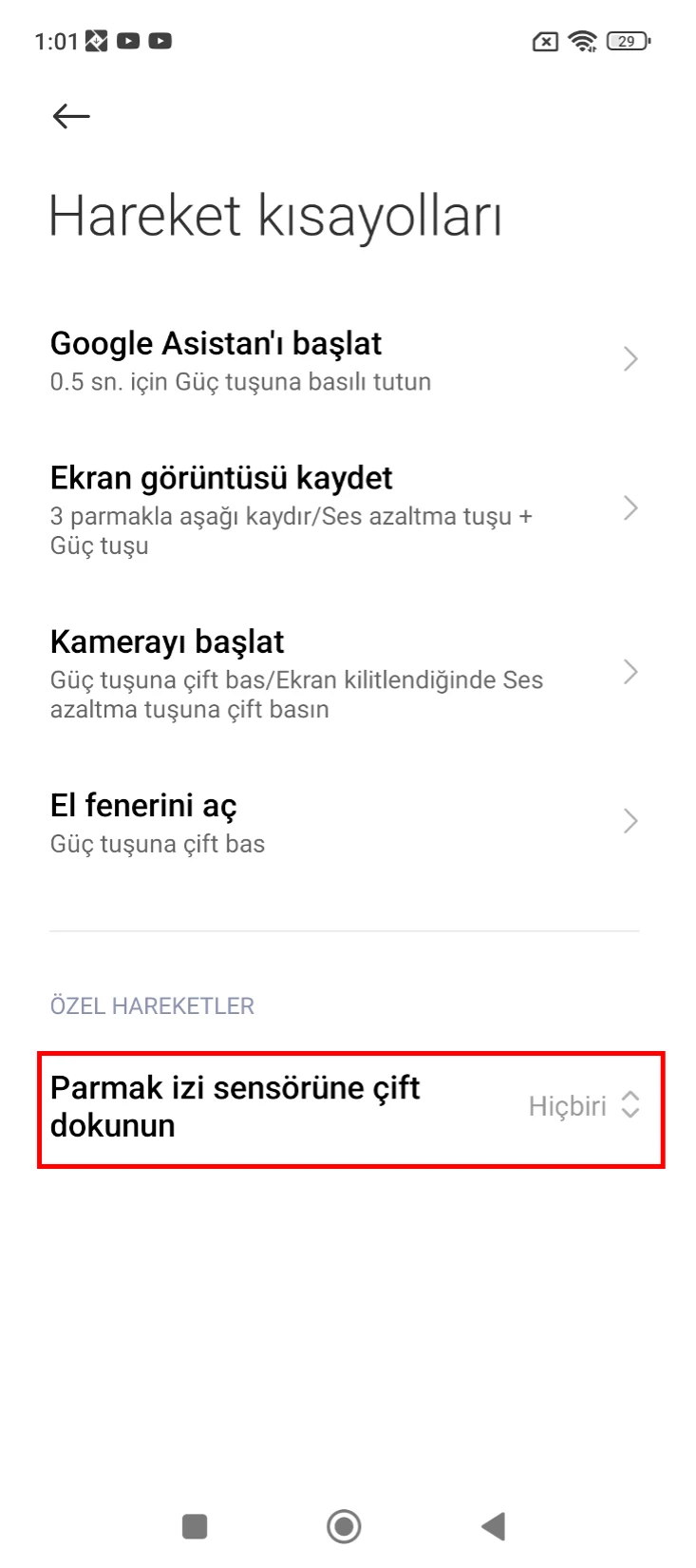 xiaomi parmak izi sensörü kısayol