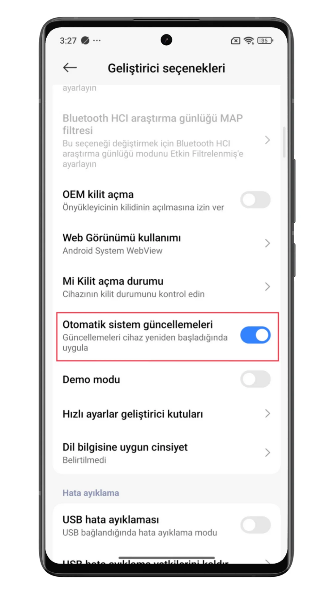 xiaomi otomatik sistem güncellemesini kapatma