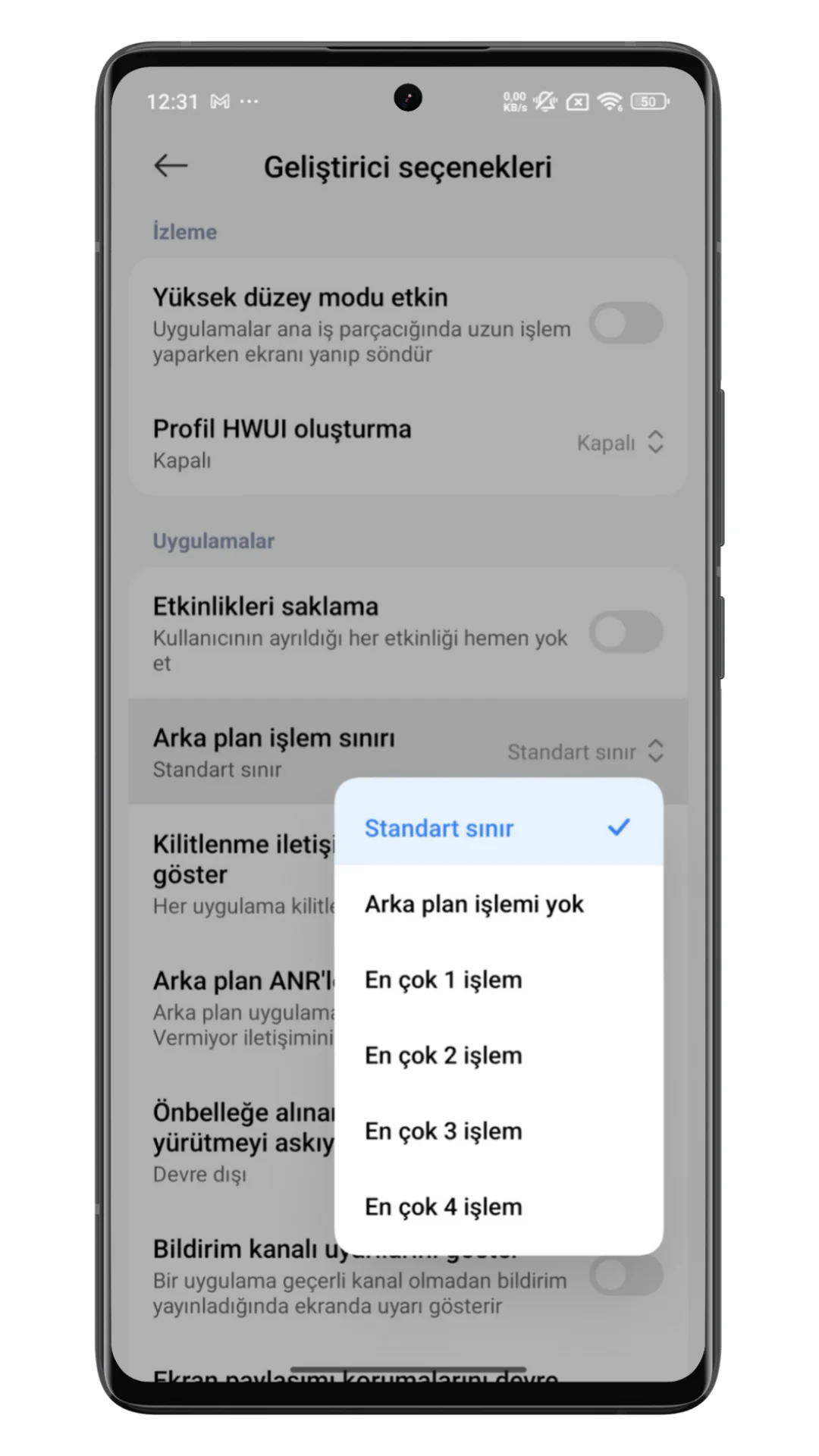 xiaomi arka plan işlem sınırı
