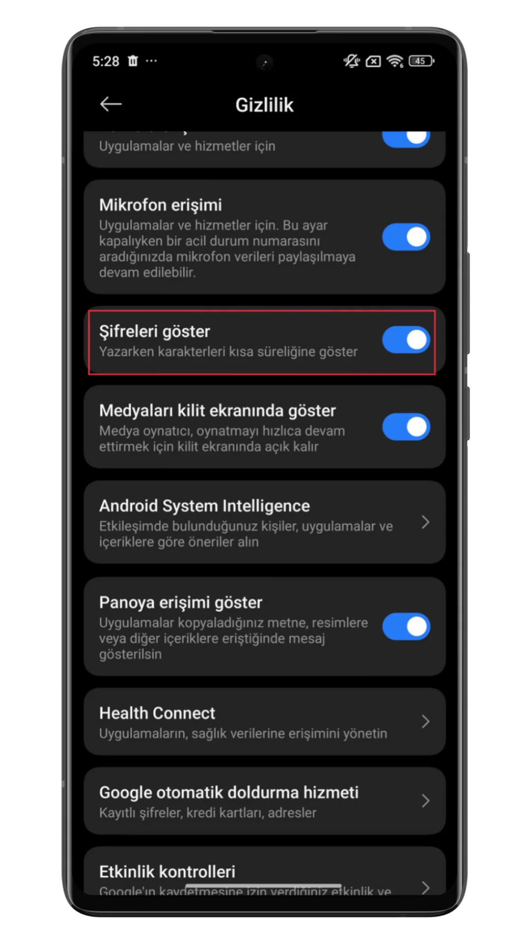 xiaomi şifre gizleme