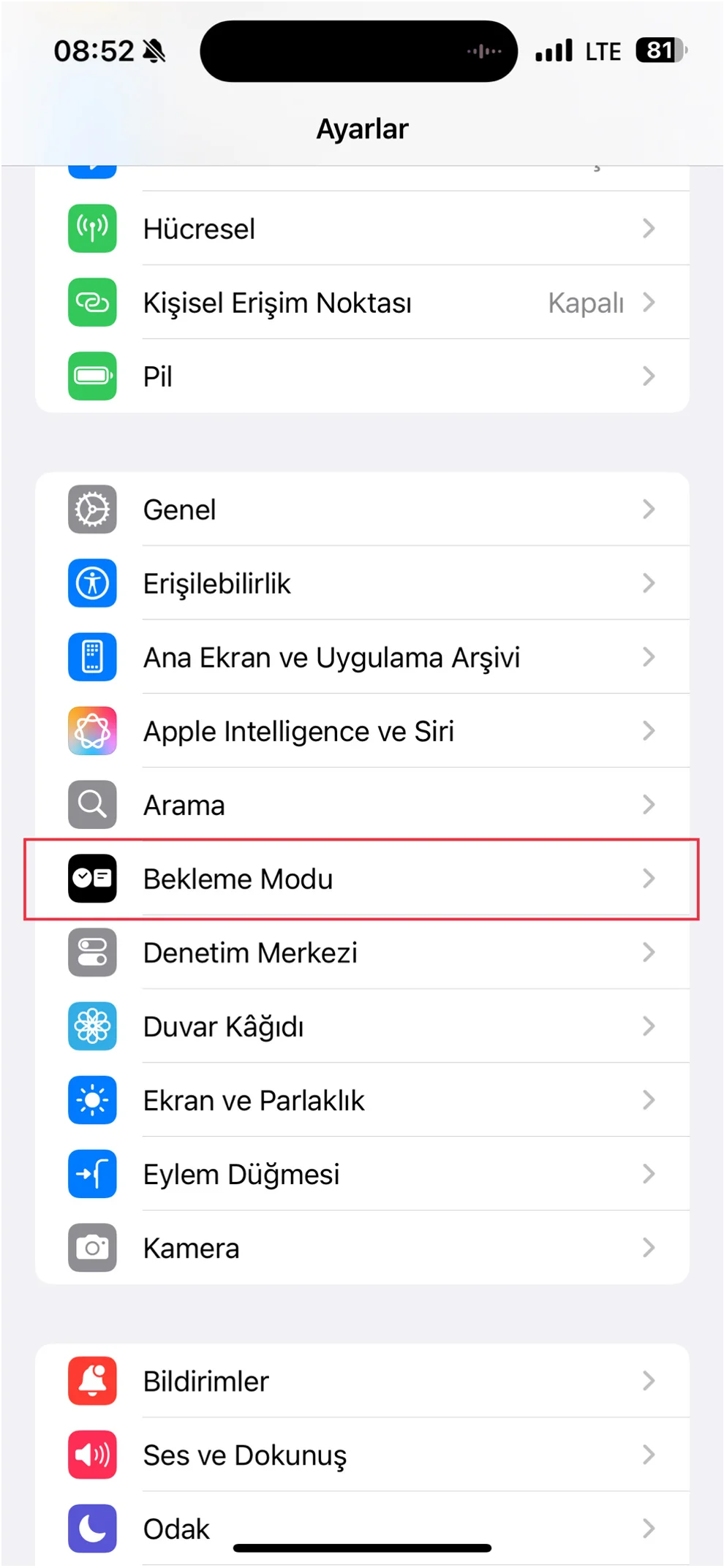 bekleme modunda bildirimleri gizleme