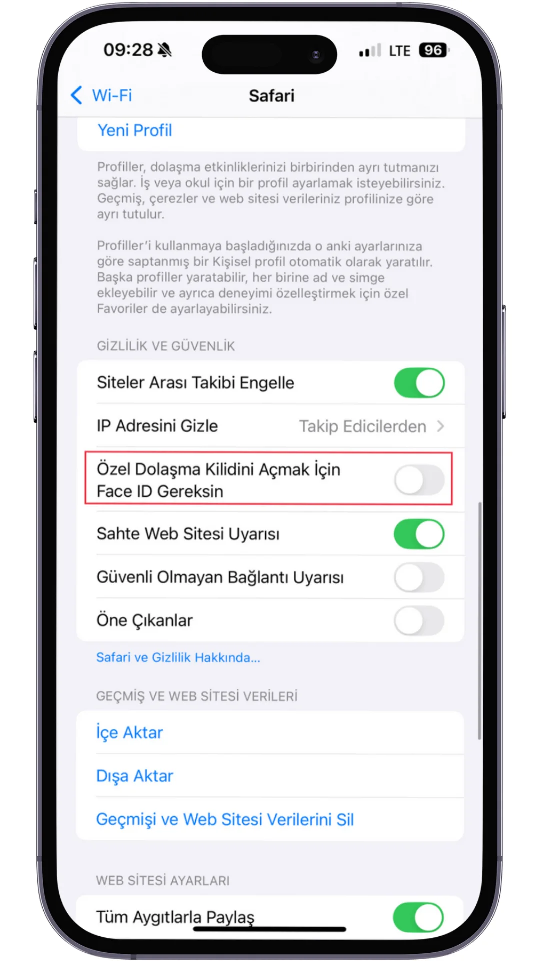 özel dolaşma kilidi için face id