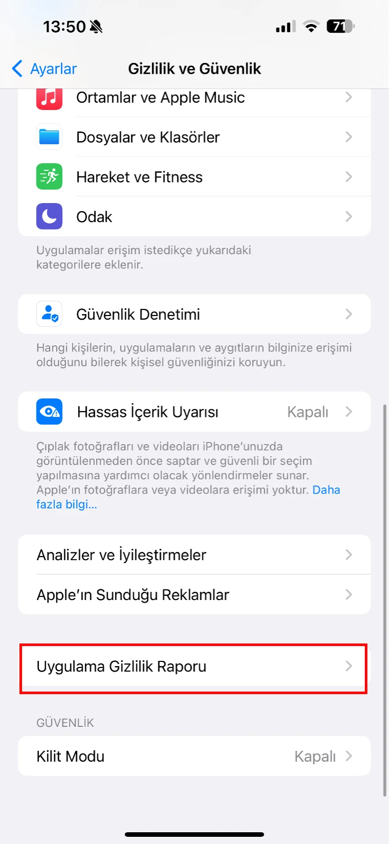 iphone uygulama gizlilik raporu