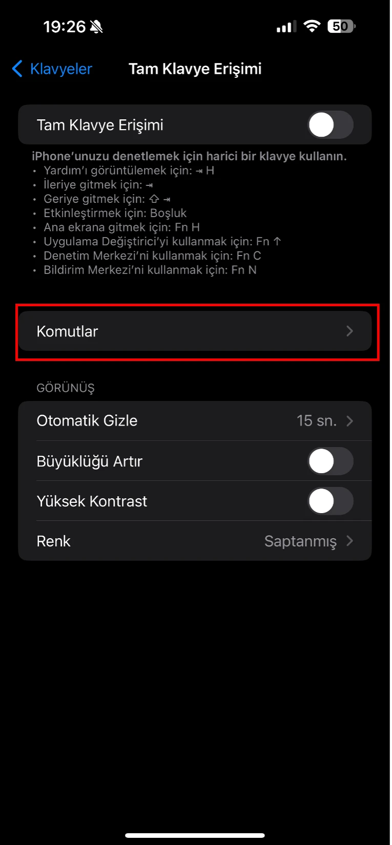 iphone klavye tam erişim izni