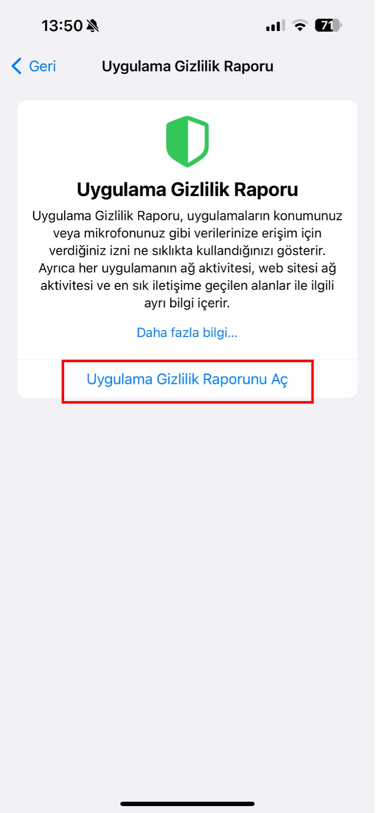 iphone uygulama gizlilik raporu