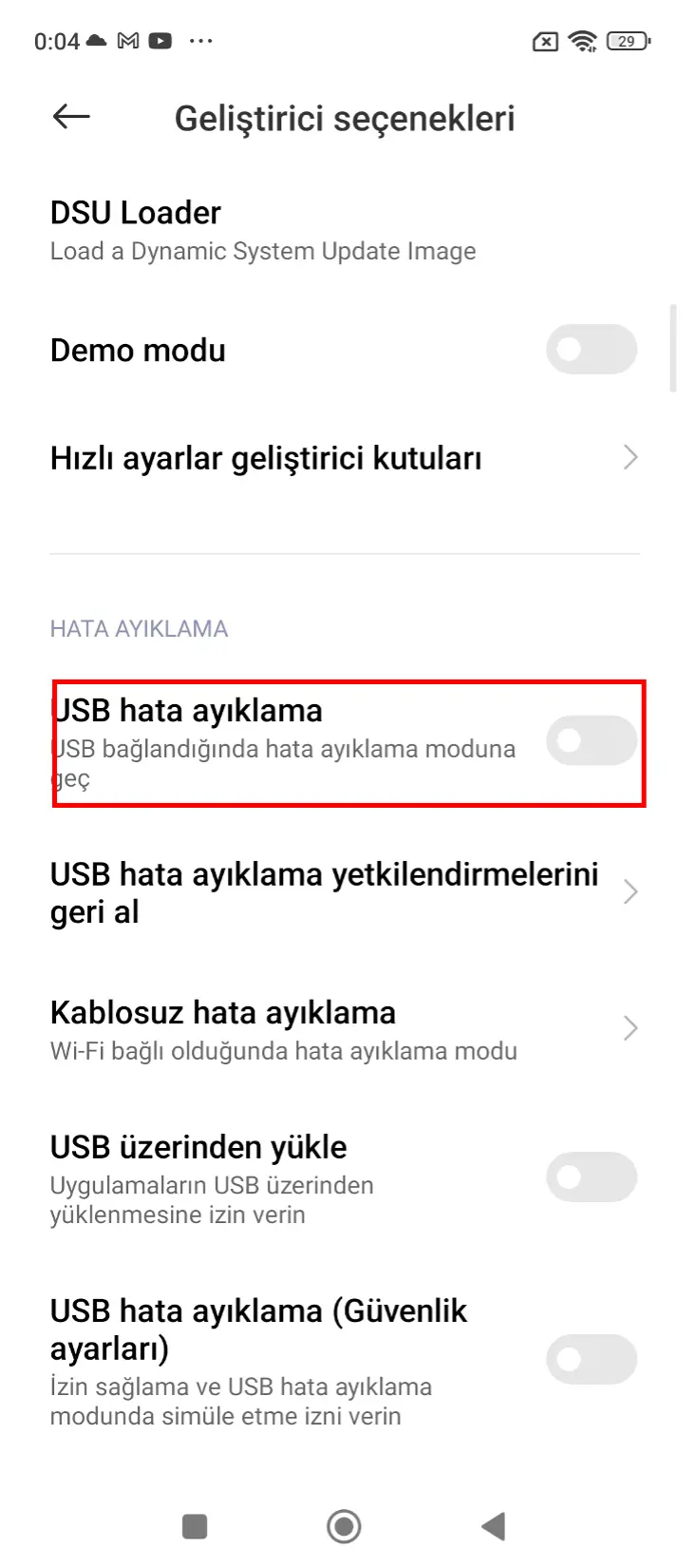 xiaomi usb hata ayıklama