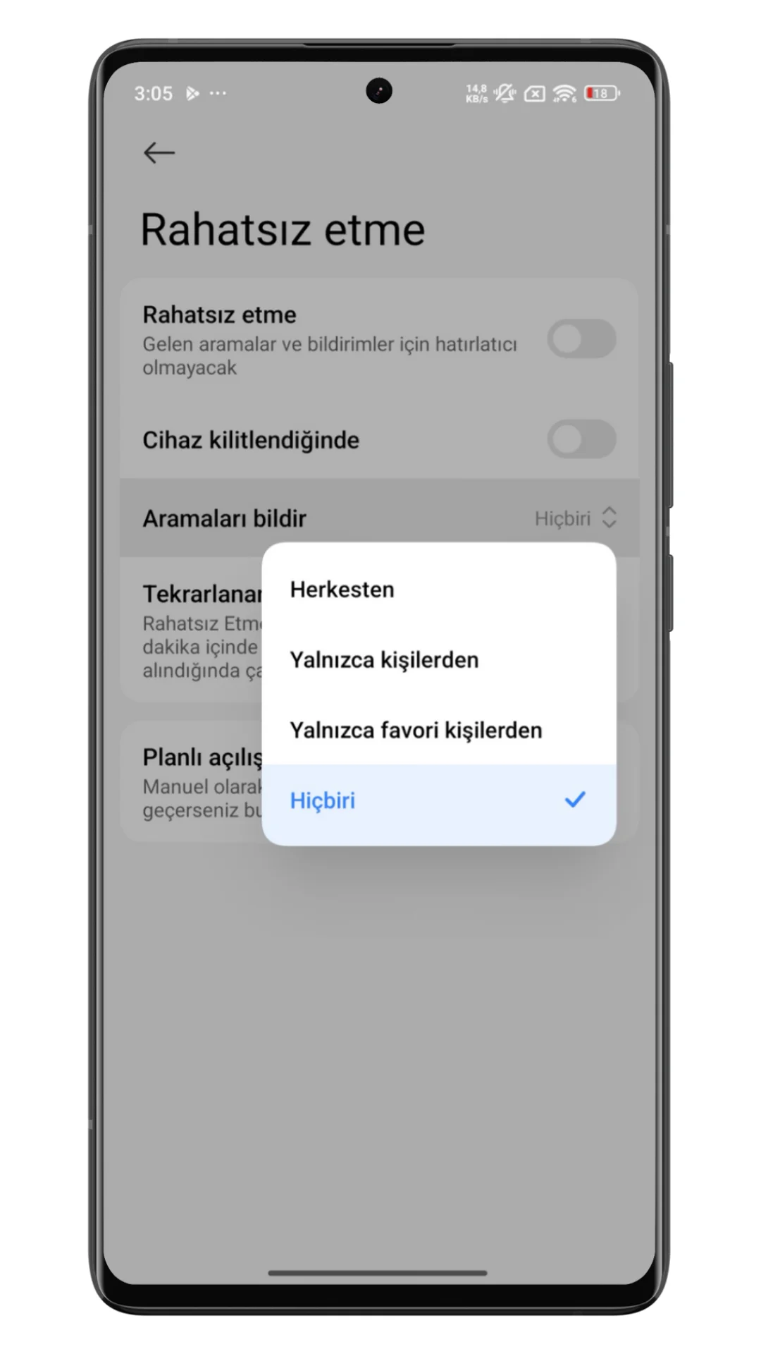 xiaomi rahatsız etme modunda arama bildirimleri