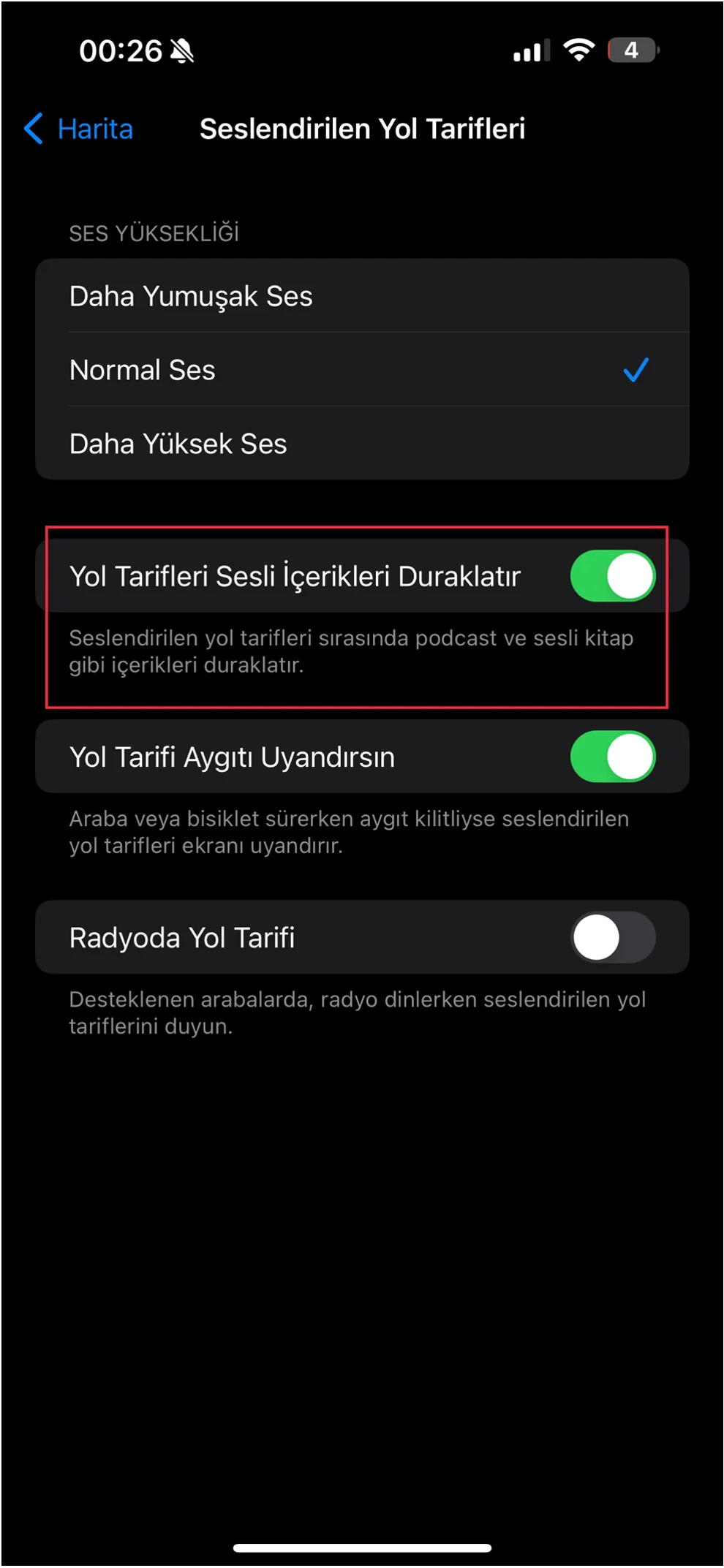 yol tarifi müzik sesi kısma önleme