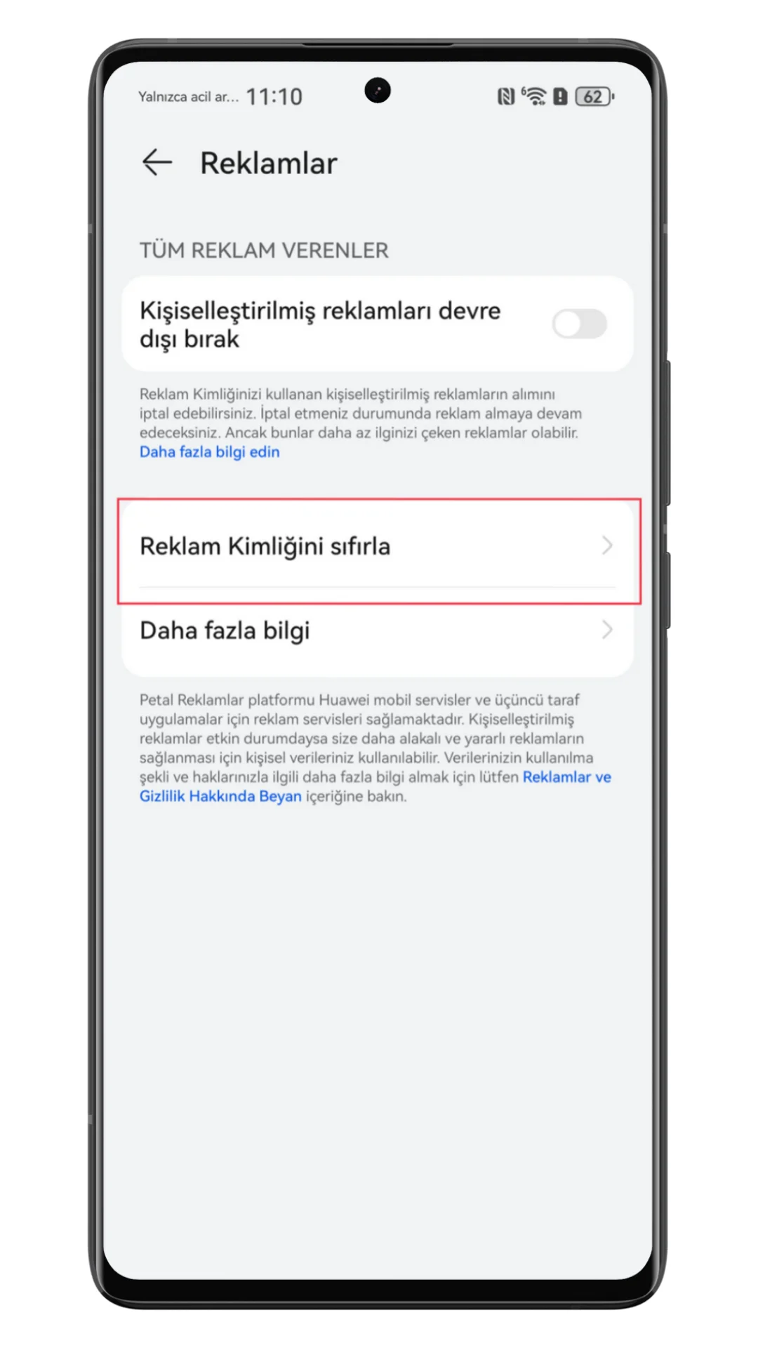 huawei reklam kimliği sıfırlama