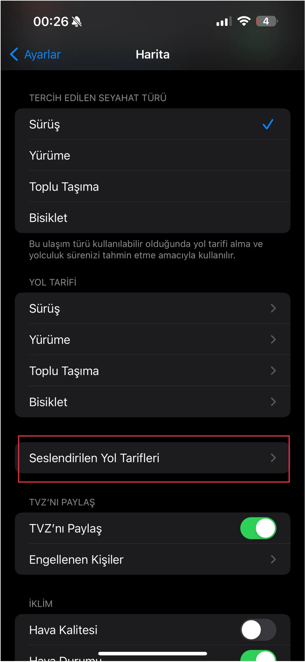 yol tarifi müzik sesi kısma önleme