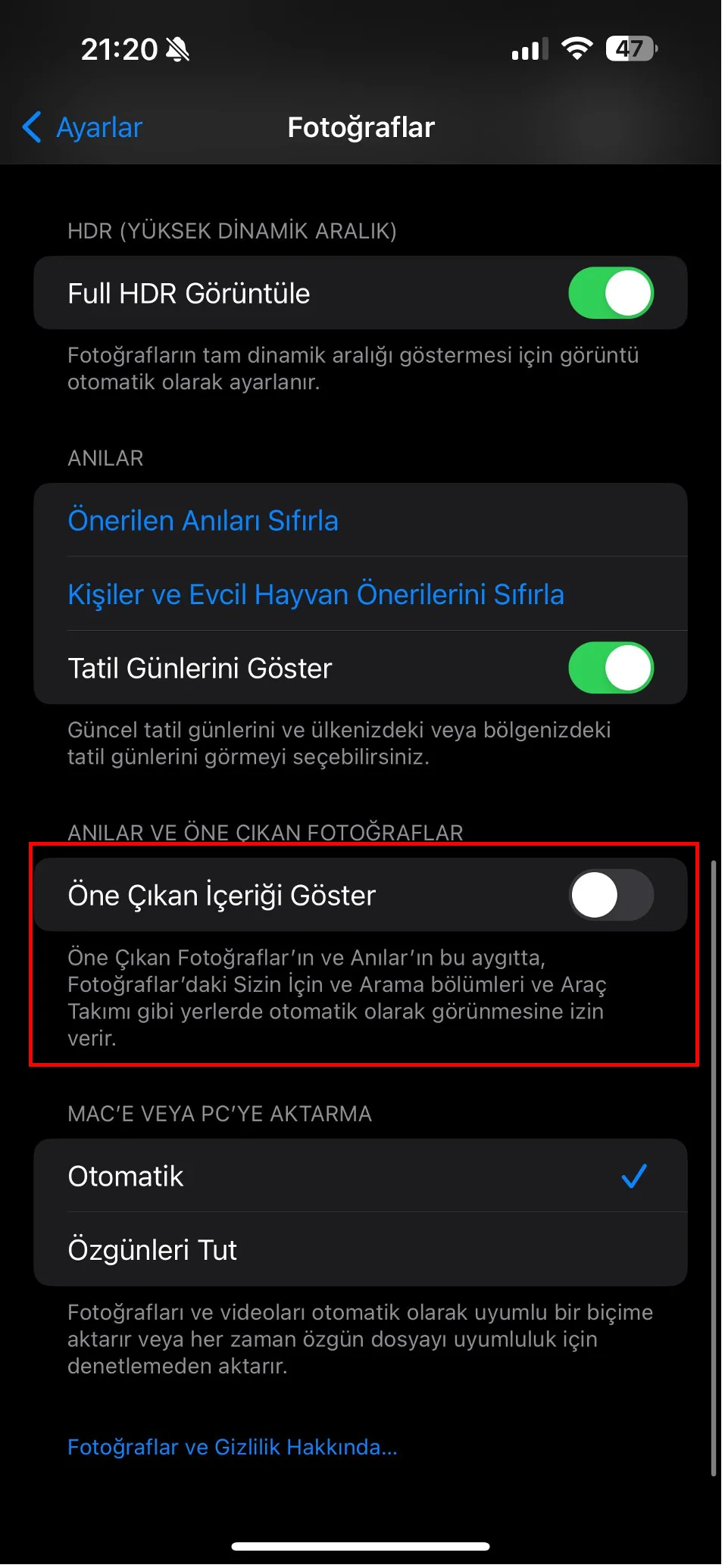 öne çıkan fotoğrafları kapatma