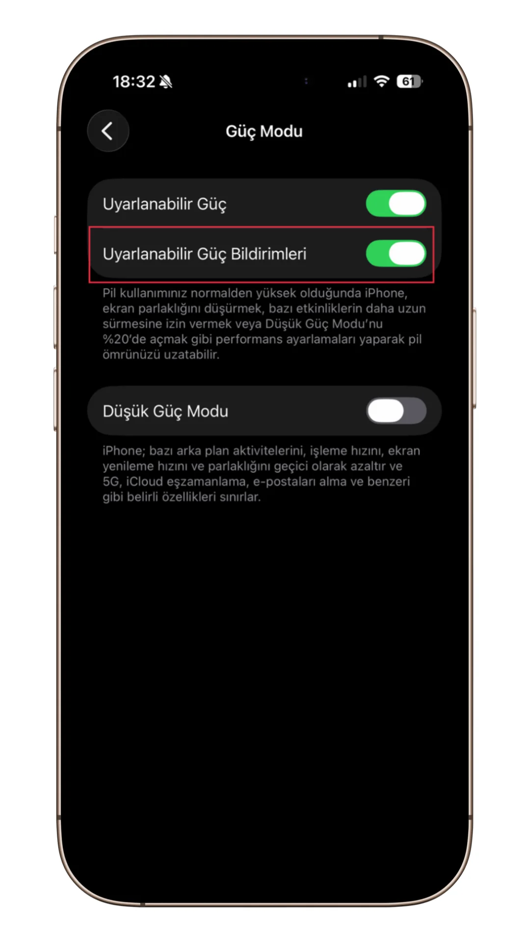 iphone uyarlanabilir güç bildirimi