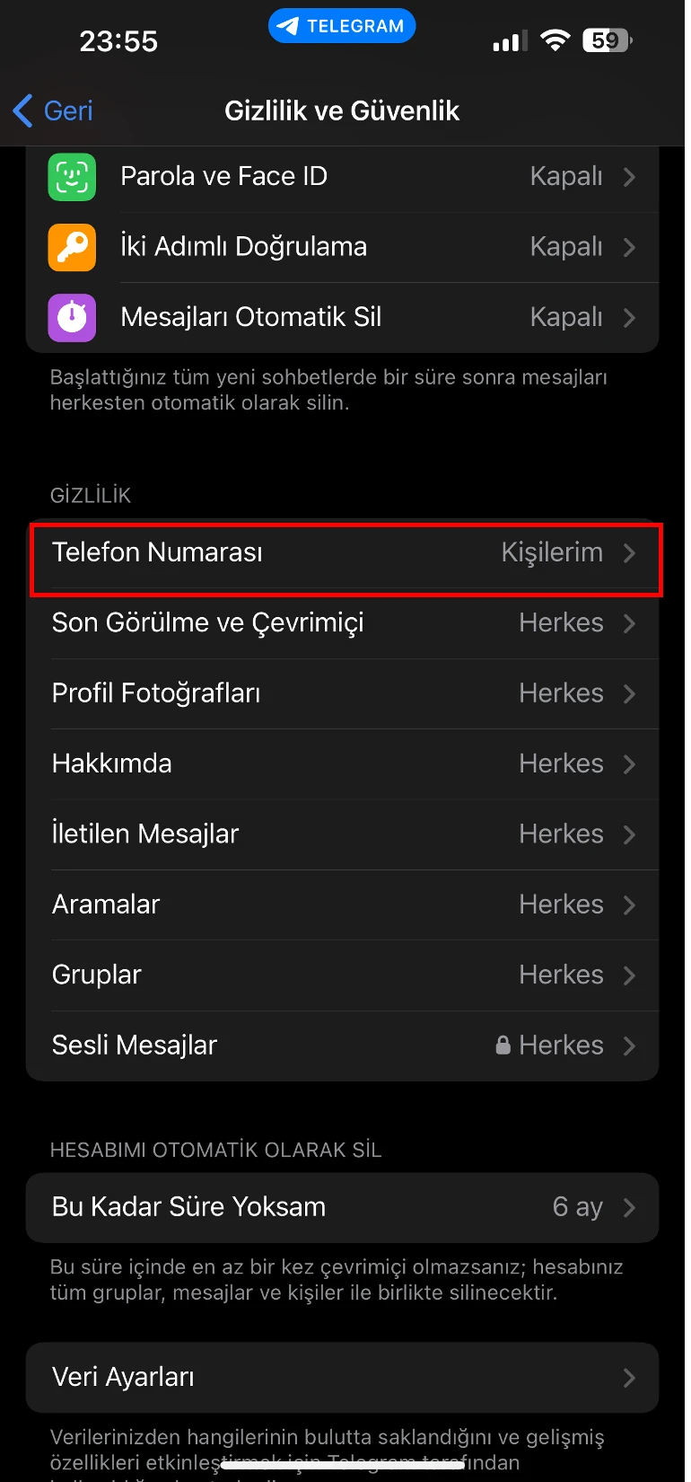 telegram numara gizleme