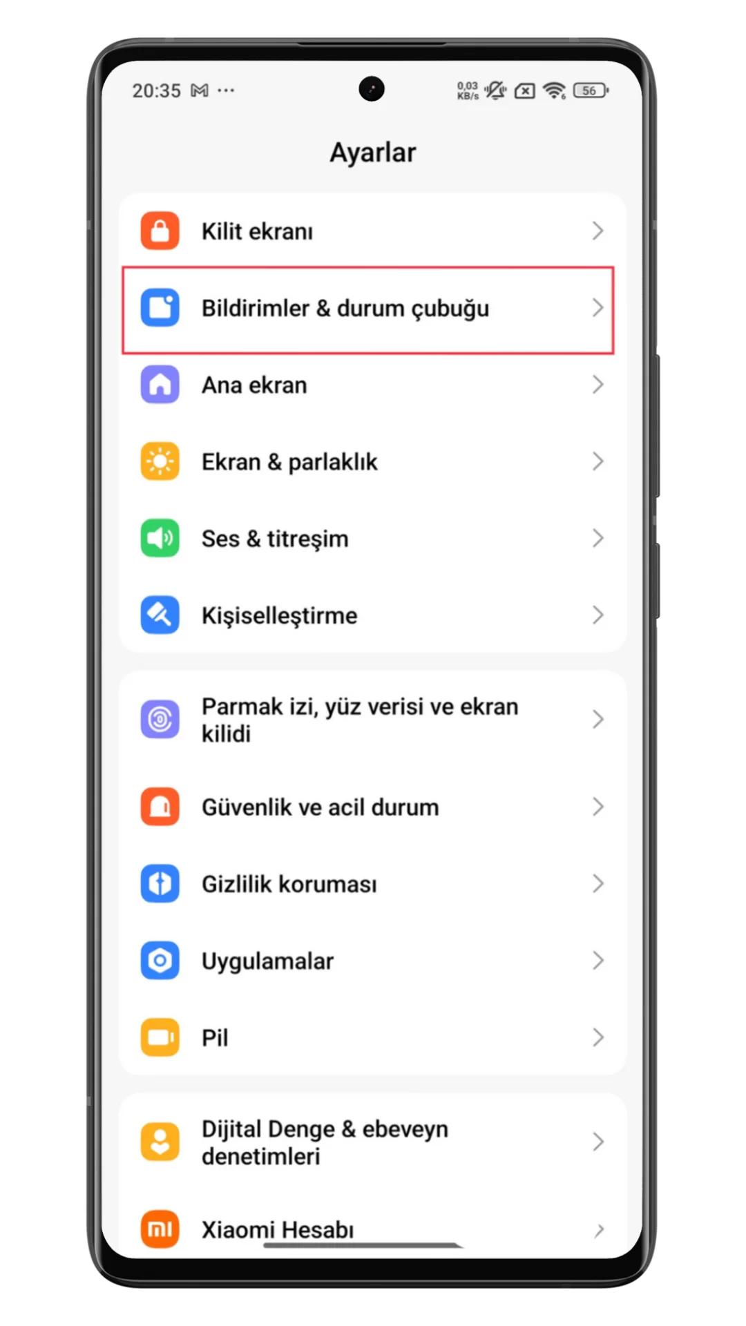 xiaomi bildirim çubuğu türü