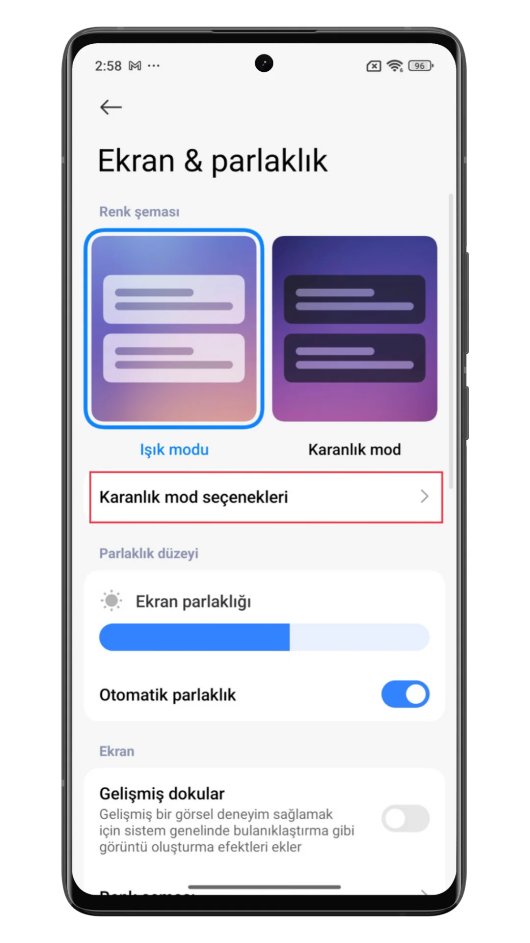 uygulamaya özel karanlık mod