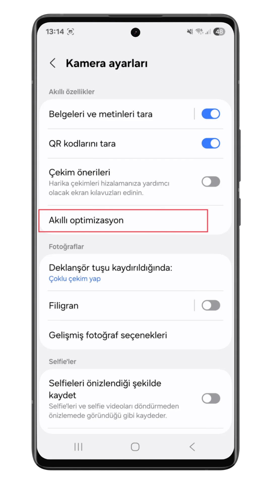 samsung kamera akıllı optimizasyon
