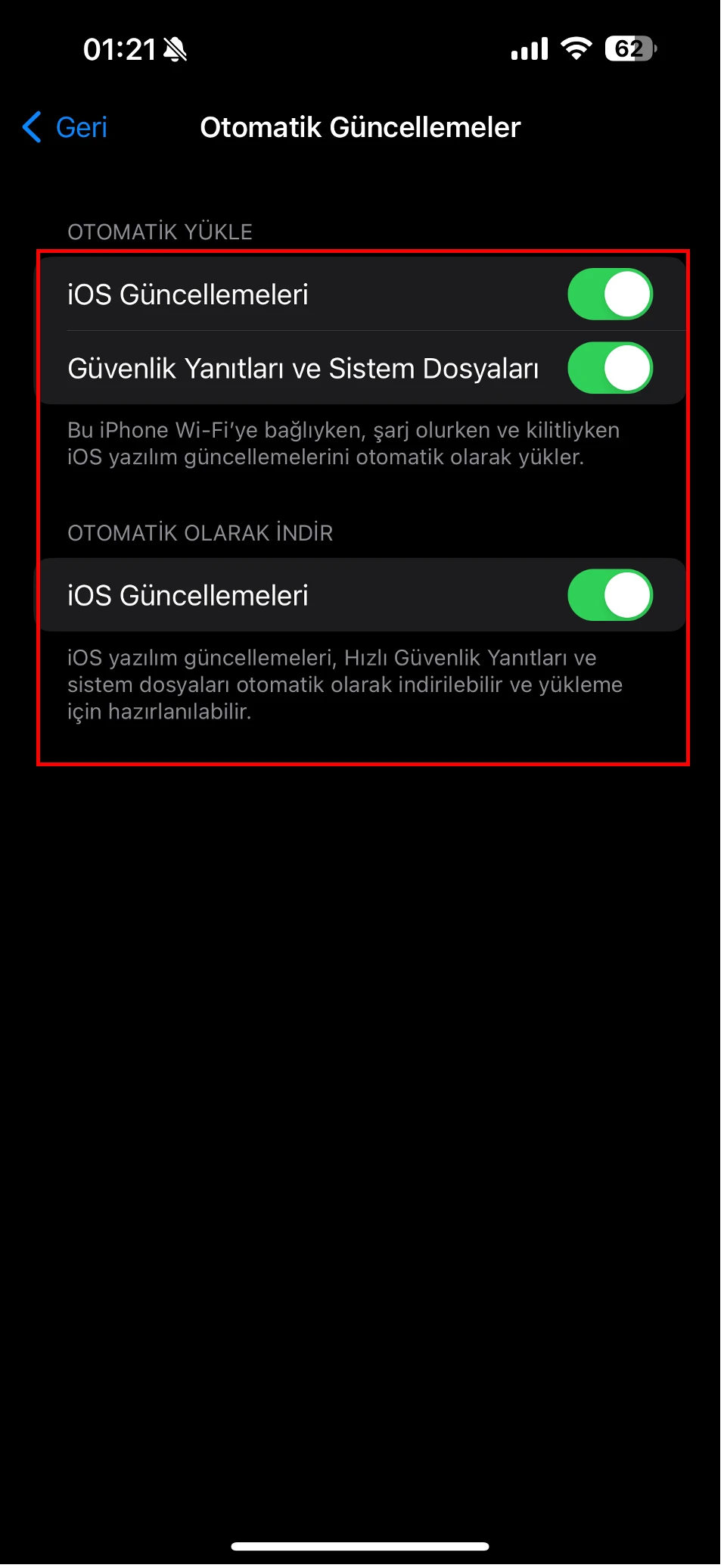 iphone otomatik güncelleme kapatma