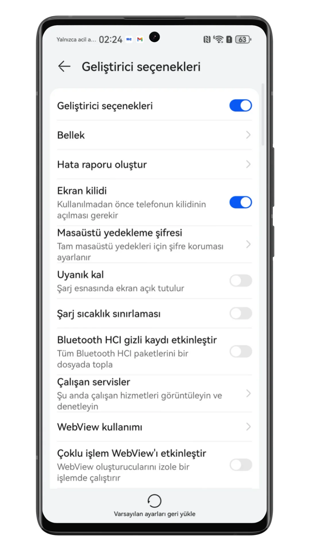 huawei geliştirici seçenekleri
