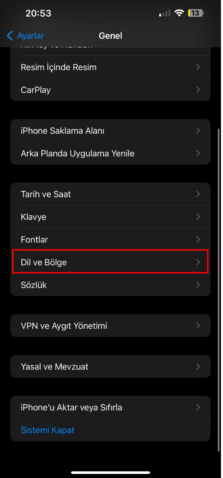 iphone dil değiştirme