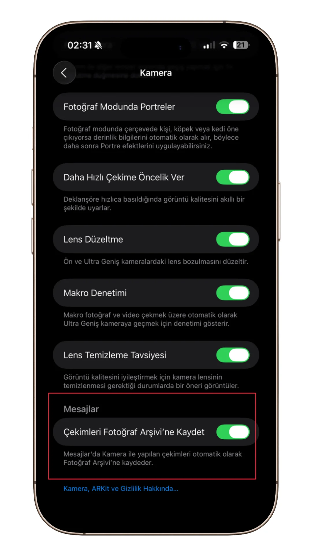 çekimleri fotoğraf arşivine kaydet