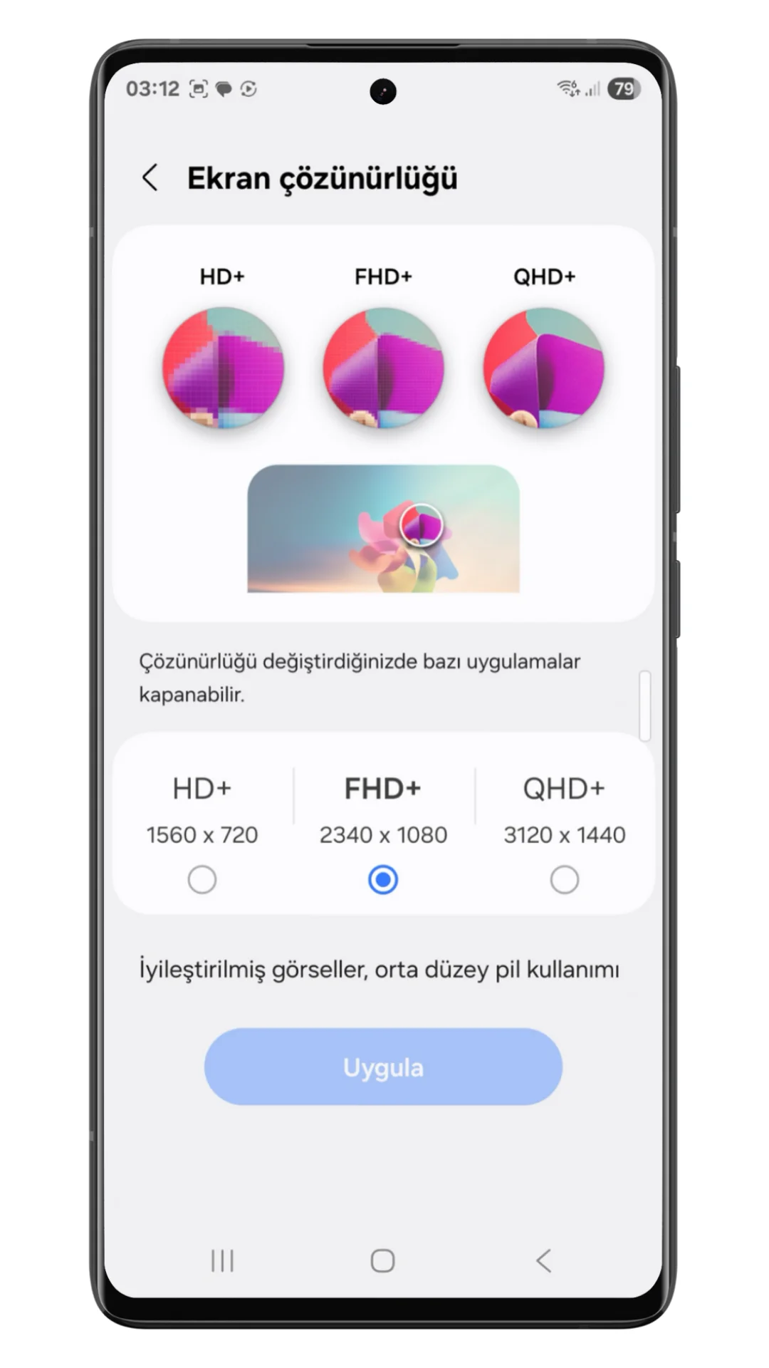samsung ekran çözünürlüğü