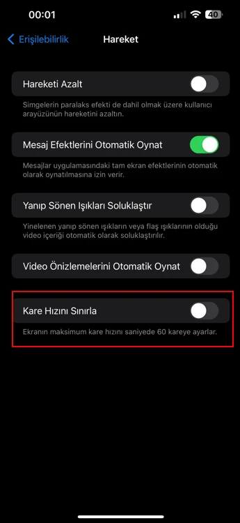 iPhone Ekran Kare Hızını Sınırlama