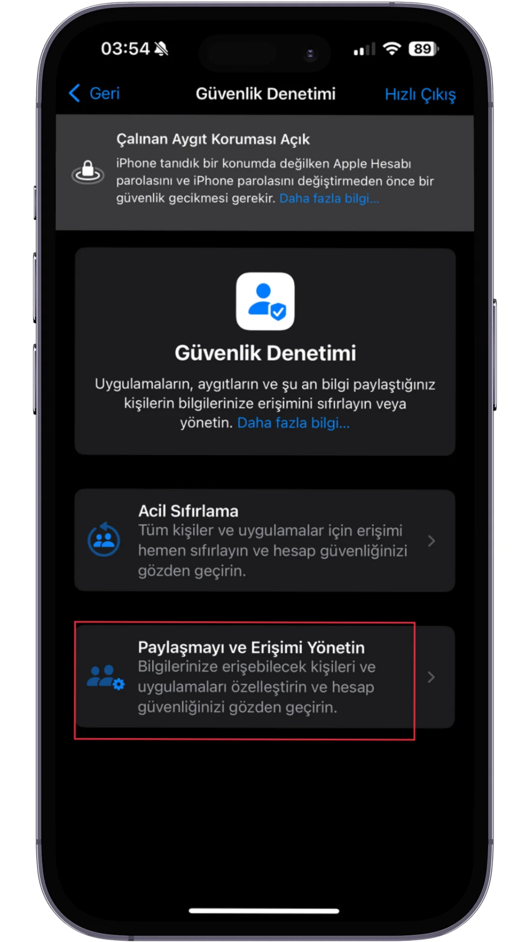 erişim izni ayarları
