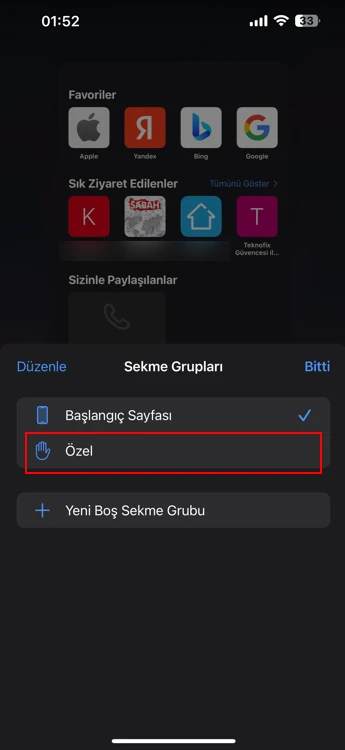 iPhone’da Özel Sekme Açma