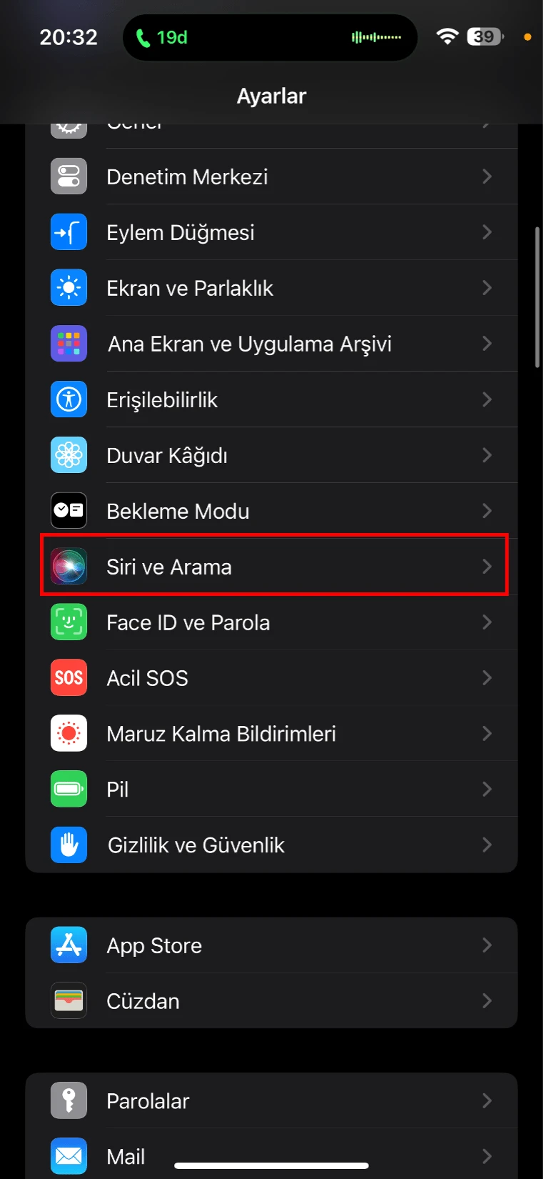 siri arama kapatma