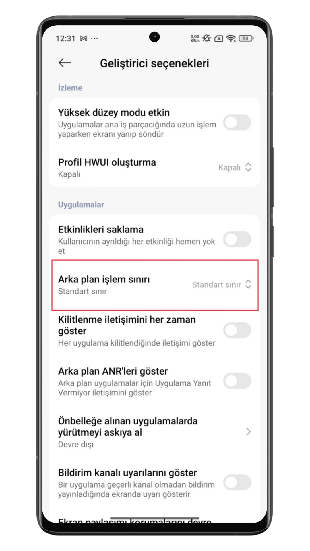 xiaomi arka plan işlem sınırı