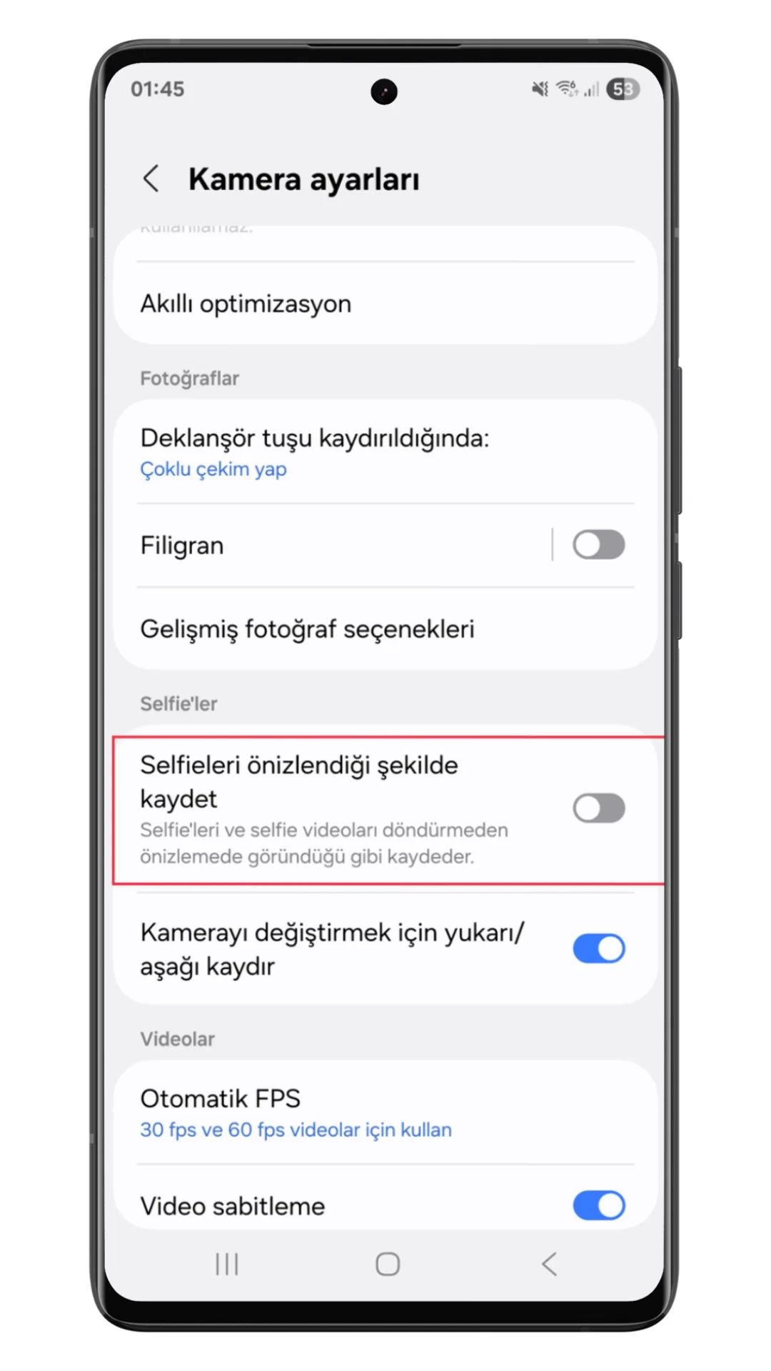 selfieleri önizlediği gibi göster