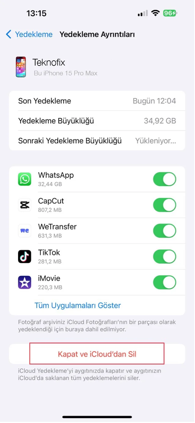 icloud yedek silme