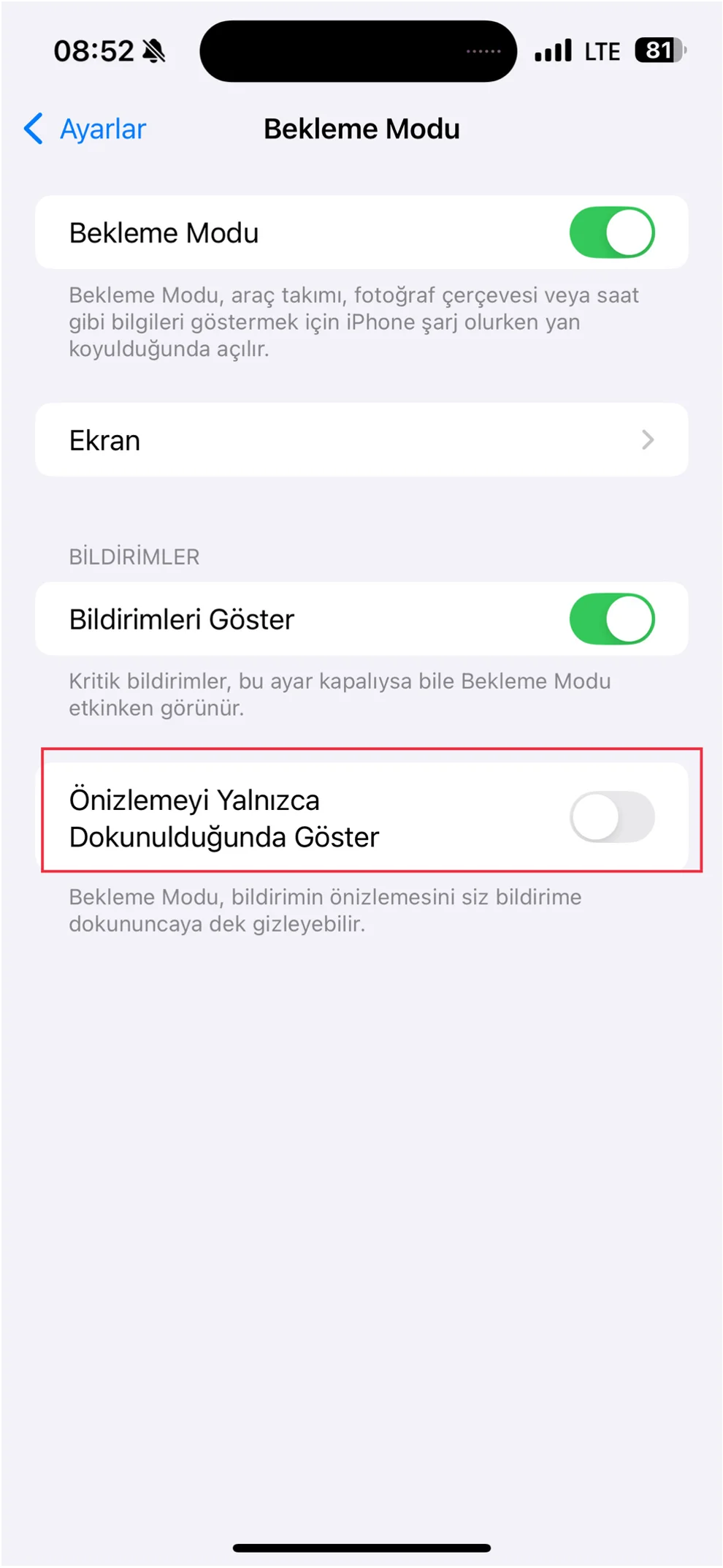 bekleme modunda bildirimleri gizleme