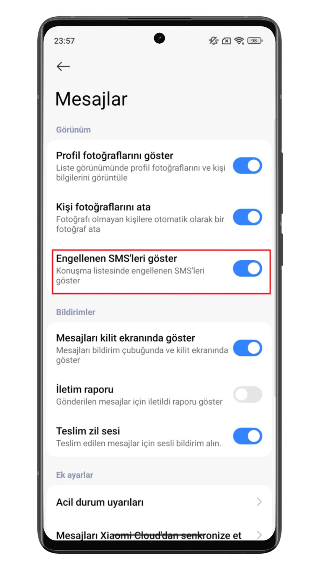xiaomi engellenen sms