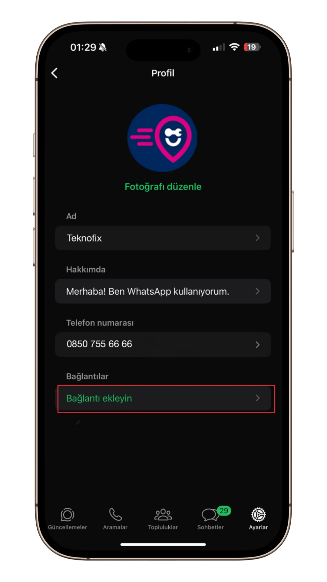whatsapp instagram linki ekleme