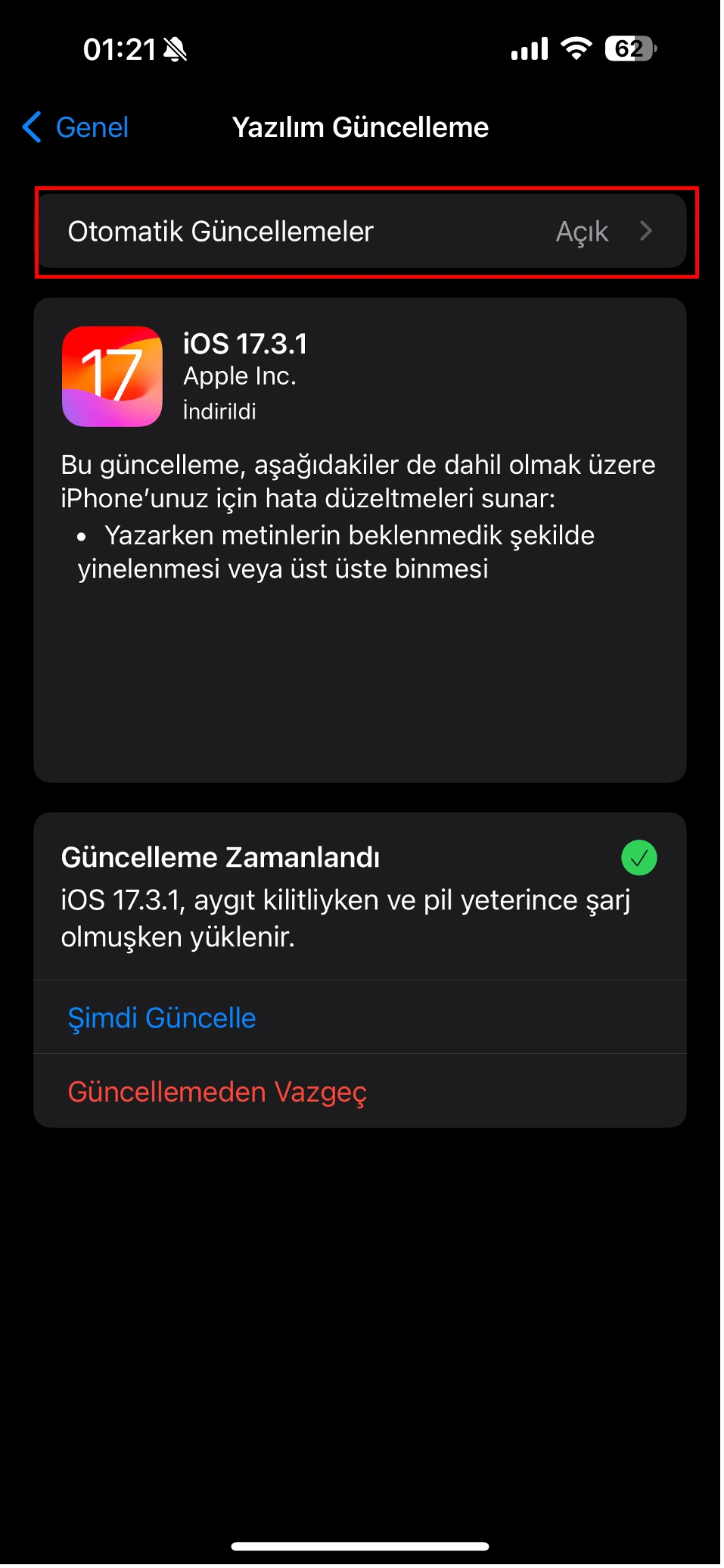 iphone otomatik güncelleme kapatma