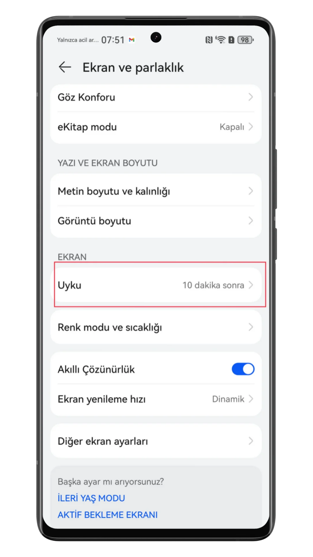 ekran uyku süresi