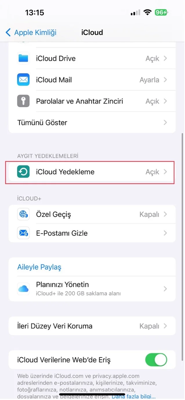 icloud yedek silme