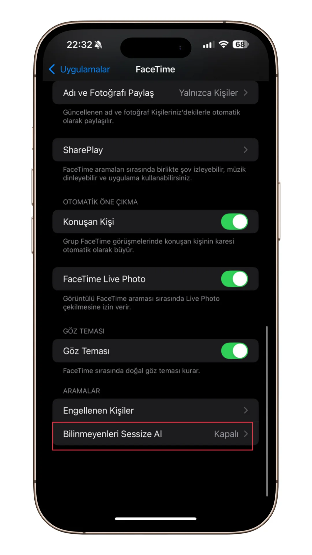 facetime bilinmeyen numaraları sessize alma