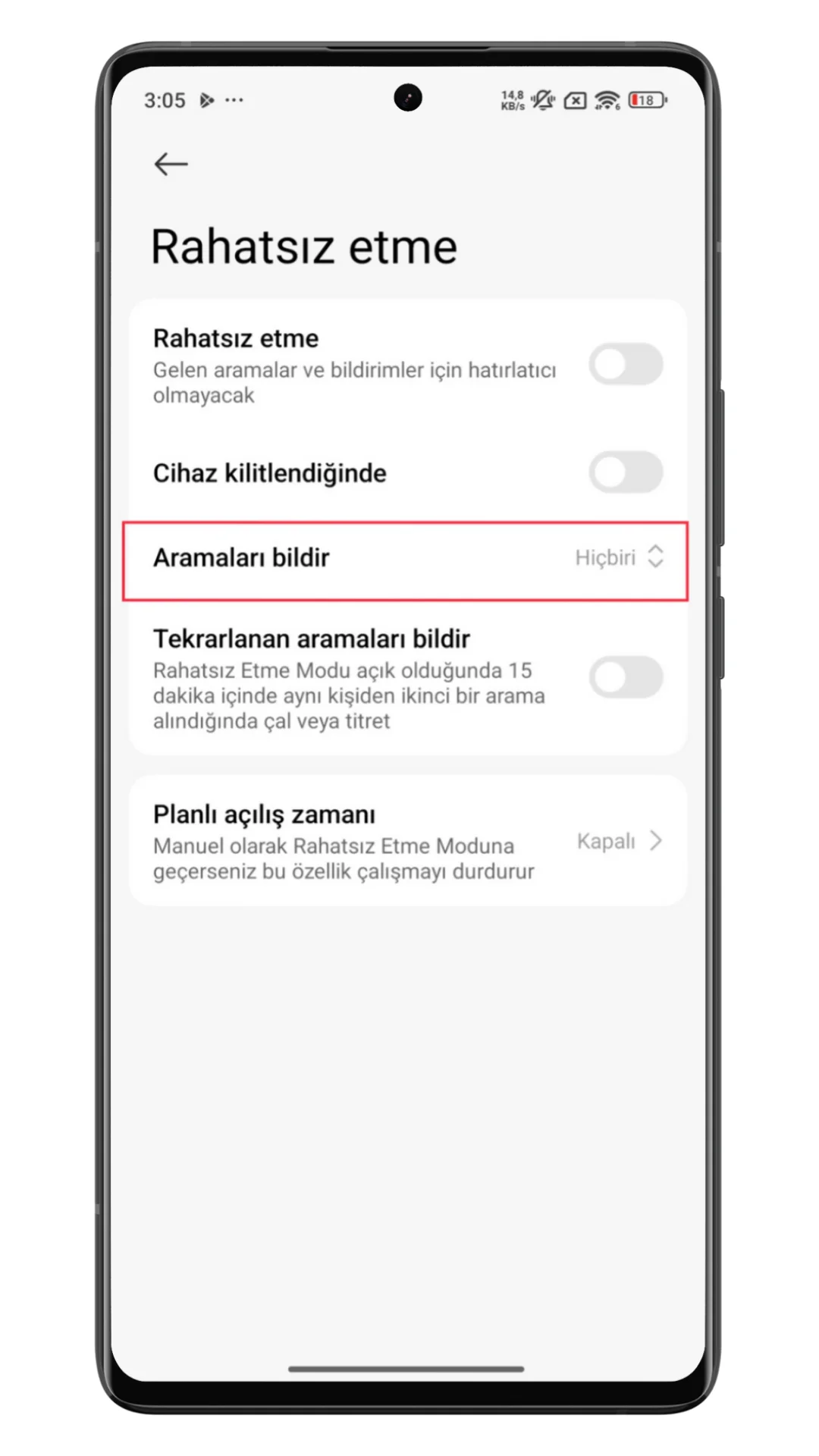 xiaomi rahatsız etme modunda arama bildirimleri